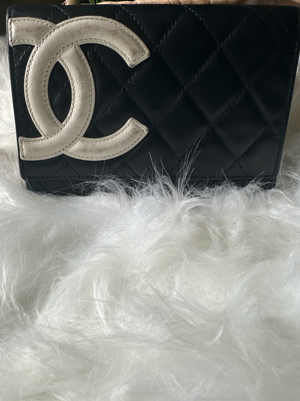 CHANEL Cambon Ligne Black Lambskin Long Wallet White CC Pink Interior